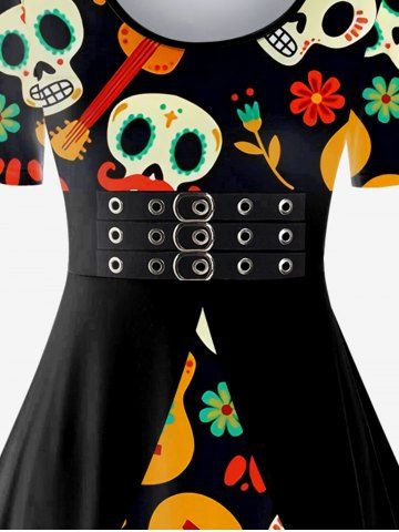 Plus Size Floral Skull Guitar 3D Print Vintage Dress