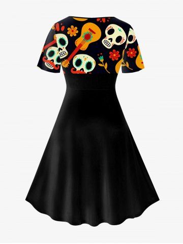 Plus Size Floral Skull Guitar 3D Print Vintage Dress