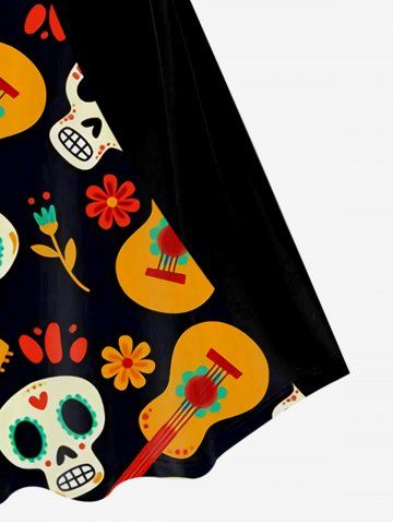 Plus Size Floral Skull Guitar 3D Print Vintage Dress