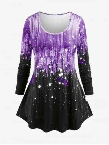 Plus Size 3D Sparkles Pinstripes Printed Short Sleeves Tee - PURPLE - M | US 10