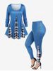 3D Print Checked Panel Long Sleeve T-shirt and Checked Panel Leggings Plus  Size Matching Set -  