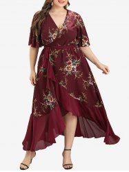 Plus Size Plunge Floral Print Flounce High Low Maxi Dress -  