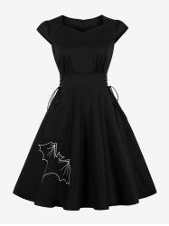 Halloween Vintage Bat Print Lace Up 1950s Pin Up Dress -  