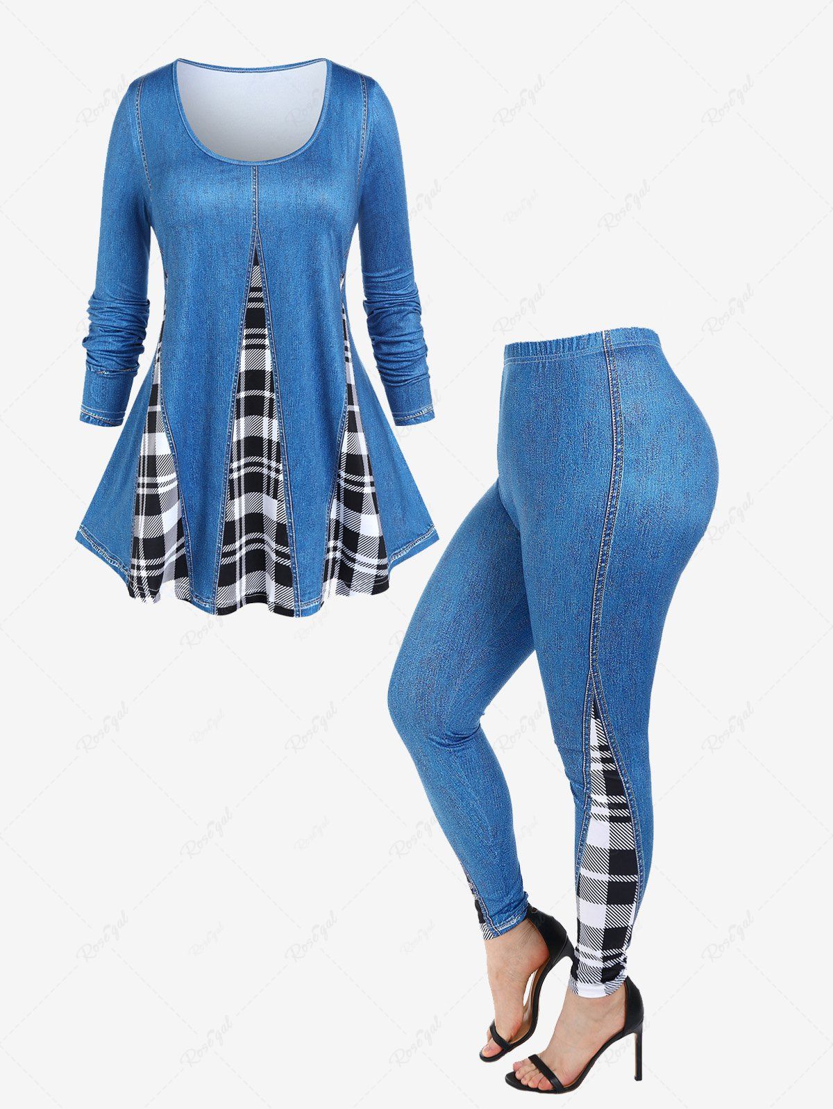 Sale 3D Print Checked Panel Long Sleeve T-shirt and Checked Panel Leggings Plus  Size Matching Set  