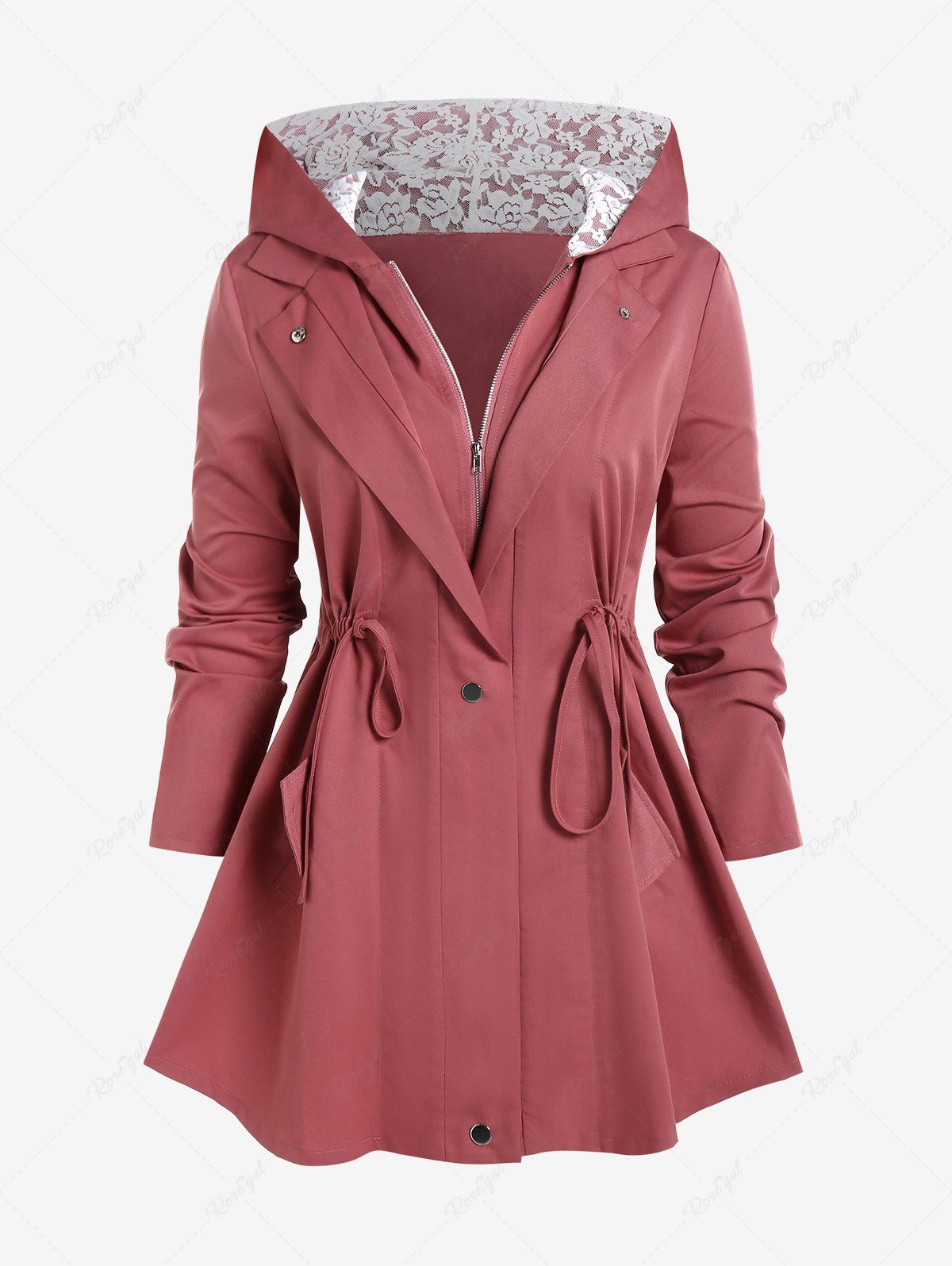 Shop Plus Size Hooded Drawstring Lace Panel Zipper Coat  