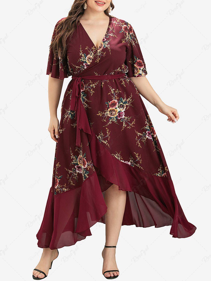 Online Plus Size Plunge Floral Print Flounce High Low Maxi Dress  