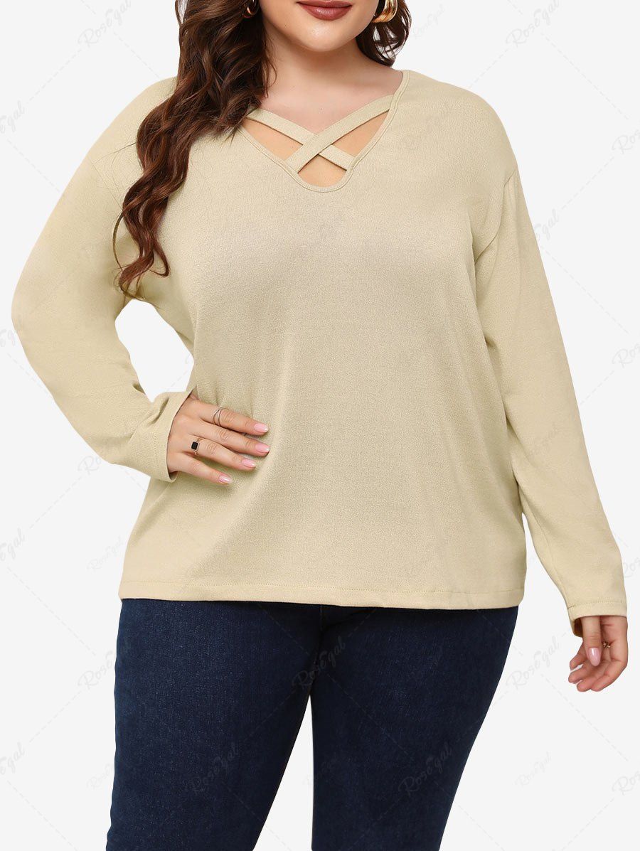 Chic Plus Size Long Sleeve Crisscross Solid Color T-shirt  