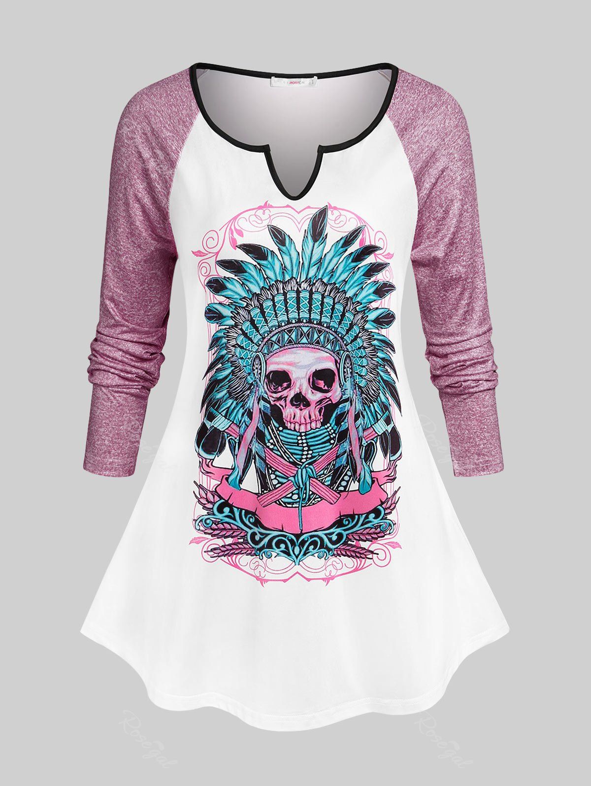 Outfit Plus Size Witch Doctor Skull V Notch Binding Baseball Tee  