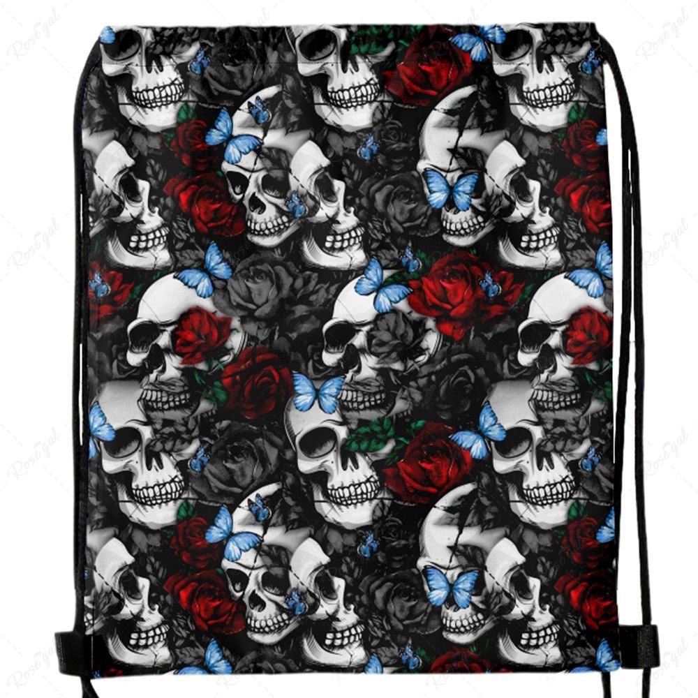 New Gothic Butterfly Rose Skull Drawstring Backpack  