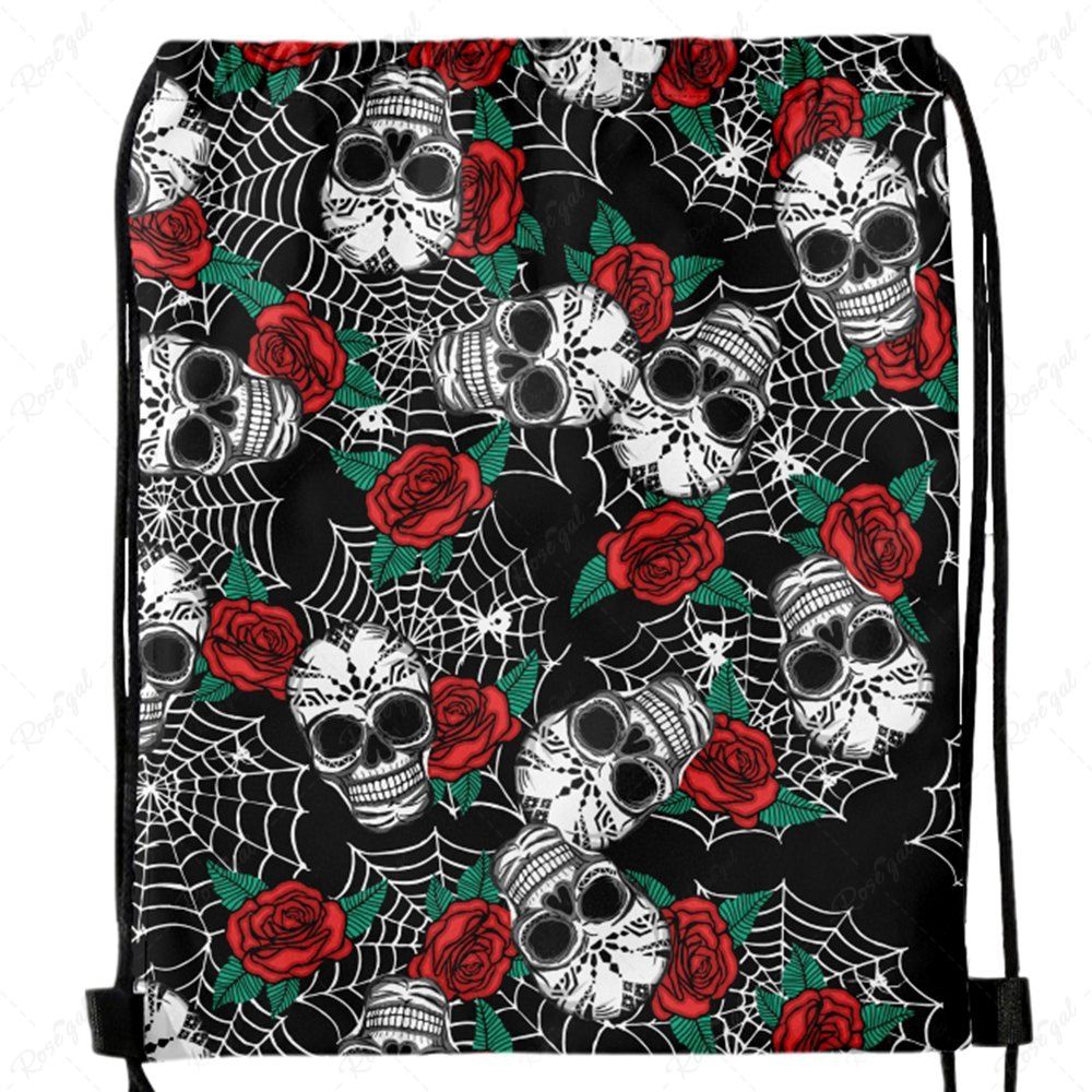 Affordable Gothic Spider Web Skull Rose Drawstring Backpack  