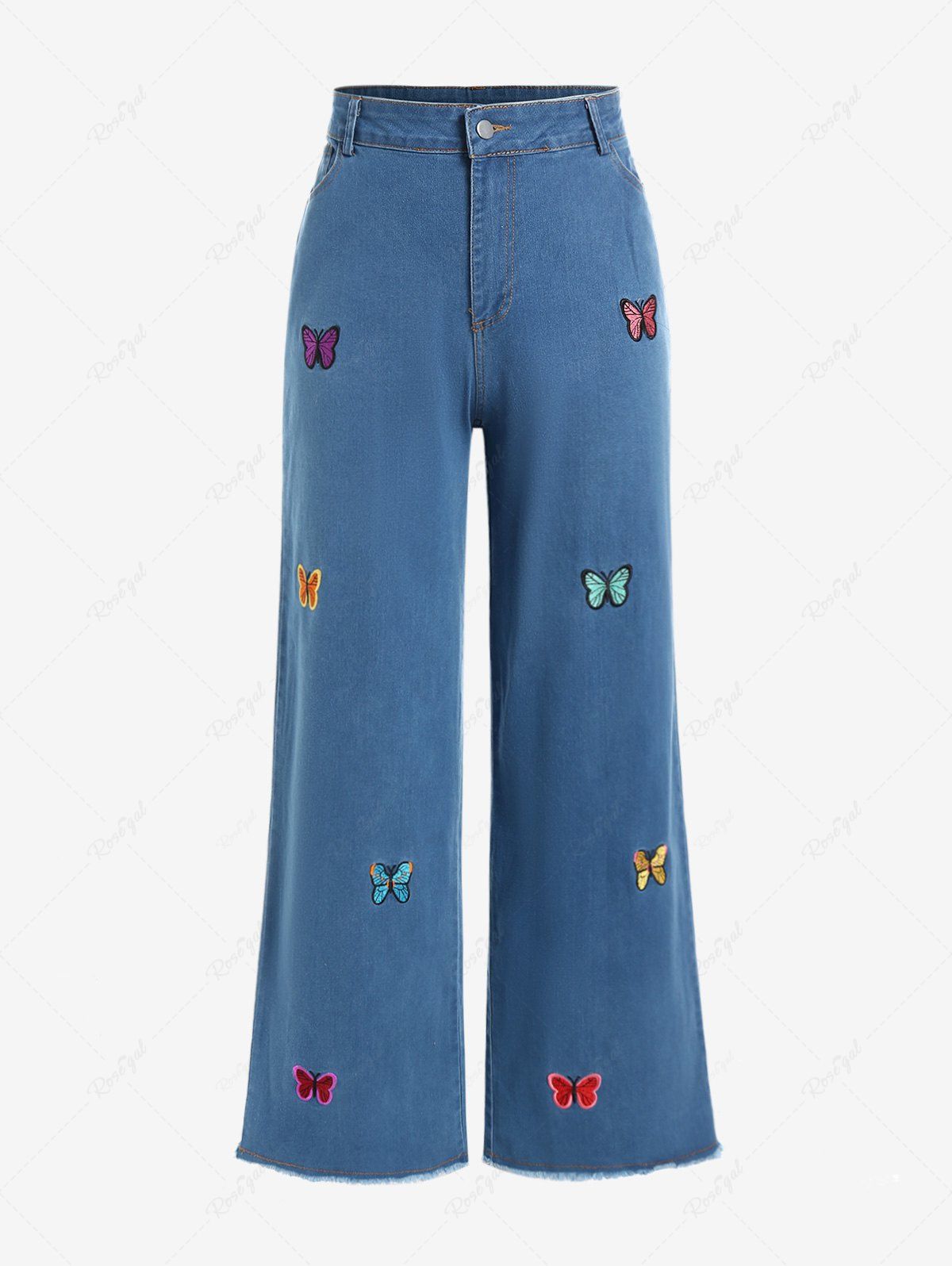 Unique Plus Size Butterfly Embroidered Frayed Wide Leg Jeans  