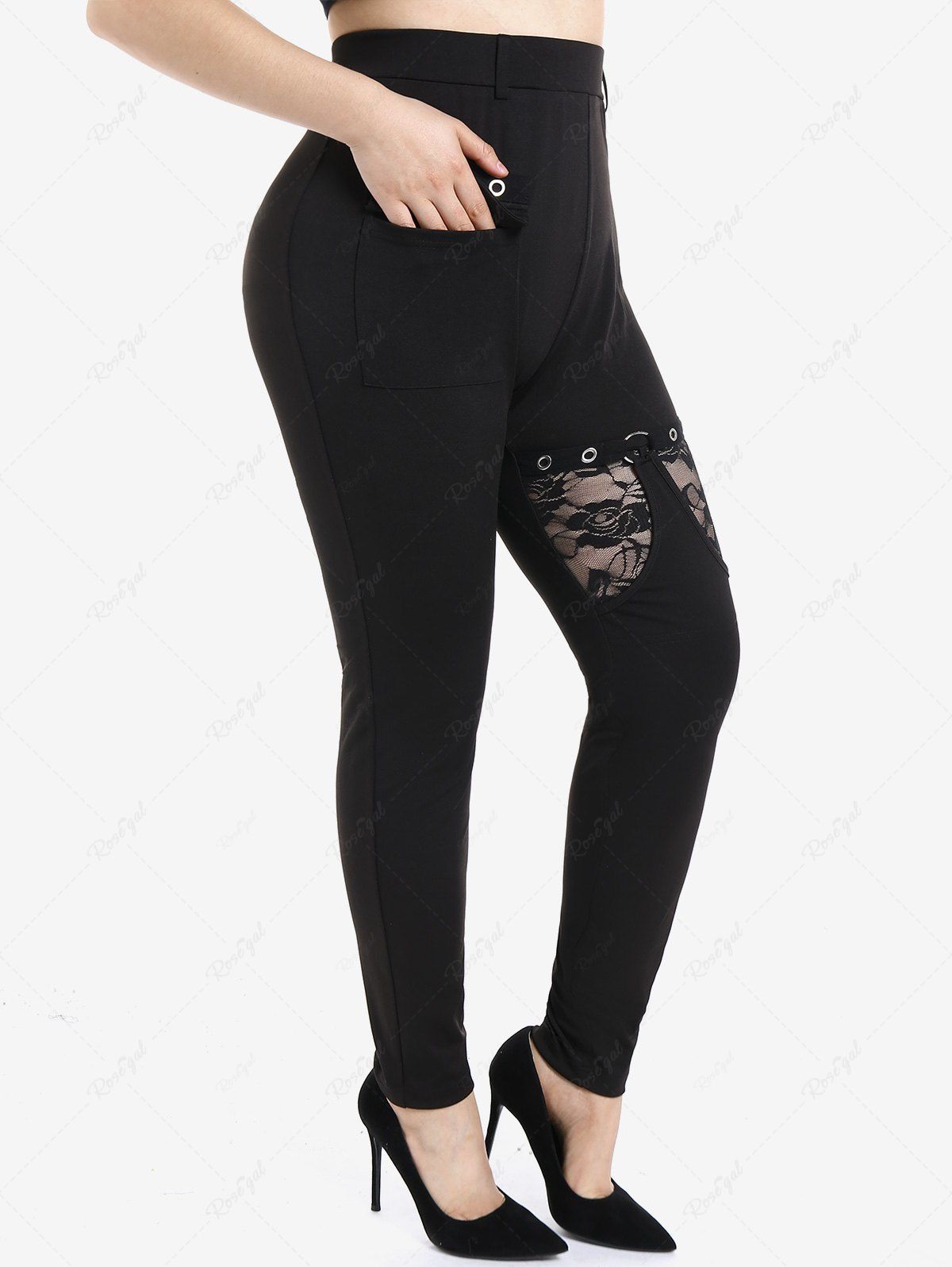 Discount Gothic Lace Panel Grommet Flap Pocket Pull On Pants  