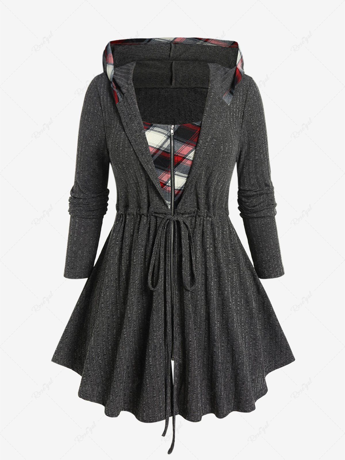Latest Plus Size Plaid Zipper Fly Hooded Long Sleeves Twofer Coat  