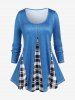 3D Print Checked Panel Long Sleeve T-shirt and Checked Panel Leggings Plus  Size Matching Set -  