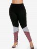 Legging et T-shirt Asymétrique Plongeant à Epaule Dénudée en Blocs de Couleurs Grande Taille à Volants - Rouge 