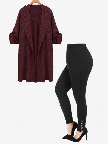Roll Up Sleeve Open Front Coat and Hollow Out High Rise Leggings with Pockets Plus Size Outerwear Outfit