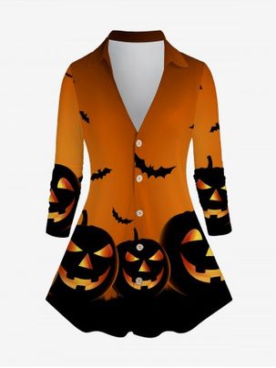 Halloween Pumpkins Bat Printed Ombre Long Sleeves Shirt