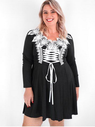 Mini Vestido de Encaje Gótico de Talla Extra con Cordones - BLACK - 4X