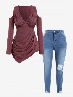 Plus Size Cold Shoulder Ruched Asymmetric Plunge Tee and Ripped Pencil Jeans Outfit