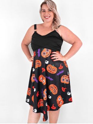 Plus Size Pumpkin Print Crossover Halloween Dress