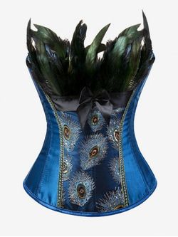 Plus Size Feather Decor Embroidery Overbust Corset - BLUE - 2XL