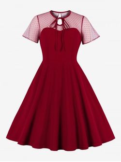 Plus Size Vintage Sheer Mesh Panel 1950s Pin Up Dress - DEEP RED - L