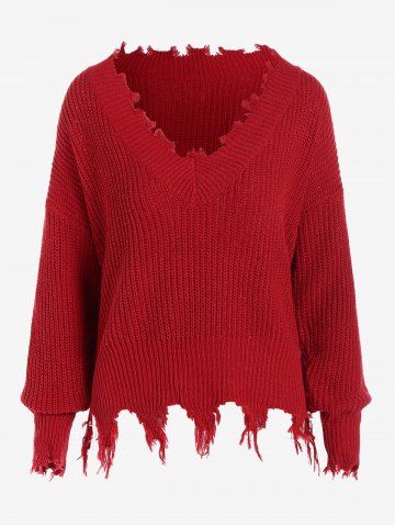 Plus Size Solid Drop Shoulder Ripped Frayed Pullover Jumper - DEEP RED - XL