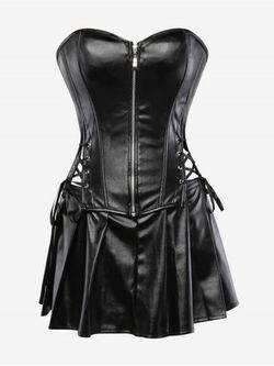 Plus Size Faux Leather Zip Front Corset Top and Pleated Skirt Set - BLACK - 2XL