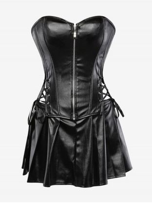 Plus Size Faux Leather Zip Front Corset Top and Pleated Skirt Set