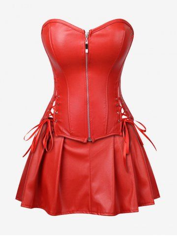Plus Size Faux Leather Zip Front Corset Top and Pleated Skirt Set - RED - 6XL
