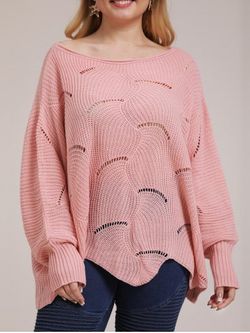 Plus Size Solid Batwing Sleeves Pointelle Knit Pullover Jumper - LIGHT PINK - XL