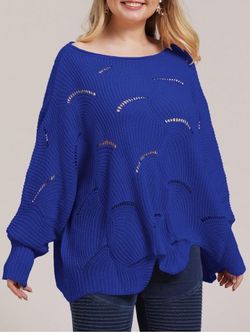 Plus Size Solid Batwing Sleeves Pointelle Knit Pullover Jumper - DEEP BLUE - 2XL
