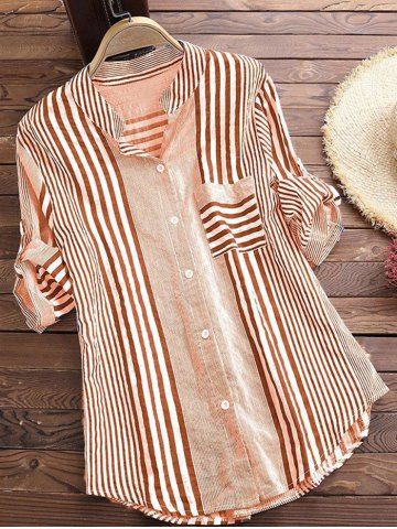 Plus Size Cotton Striped Front Pocket Roll Sleeve Shirt - ORANGE - M