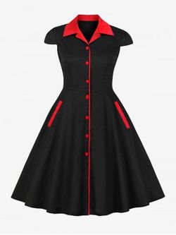 Plus Size Two Tone Cap Sleeves Button Up Vintage Dresss - BLACK - 5XL