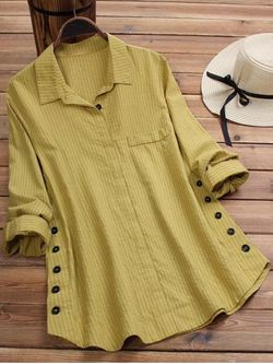 Plus Size Buttoned Sides Cotton Shirt - DEEP YELLOW - 3XL
