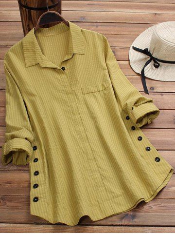 Plus Size Buttoned Sides Cotton Shirt - DEEP YELLOW - 4XL