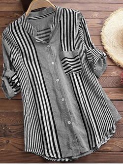 Plus Size Cotton Striped Front Pocket Roll Sleeve Shirt - BLACK - 4XL