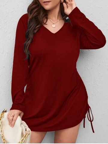 Plus Size Long Sleeves Cinched Ruched Solid Mini Dress
