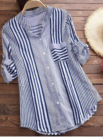 Plus Size Cotton Striped Front Pocket Roll Sleeve Shirt - BLUE - XL