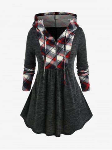 T-shirt à Capuche à Carreaux à Demi-Zip de Grande Taille - BLACK - 2X | US 18-20