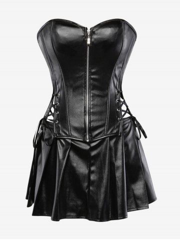 Plus Size Faux Leather Zip Front Corset Top and Pleated Skirt Set - BLACK - 5XL