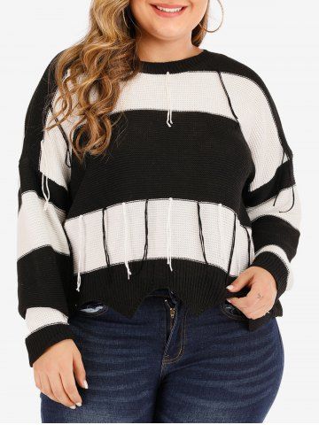 Plus Size Drop Shoulder Backless Two Tone Tassels Sweater - BLACK - 2XL
