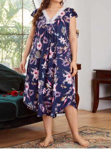 Plus Size Lace Panel Floral Printed Short Sleeves Midi Sleep Dress