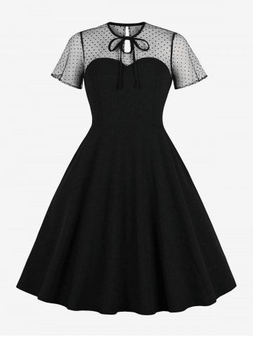 Plus Size Vintage Sheer Mesh Panel 1950s Pin Up Dress - BLACK - L