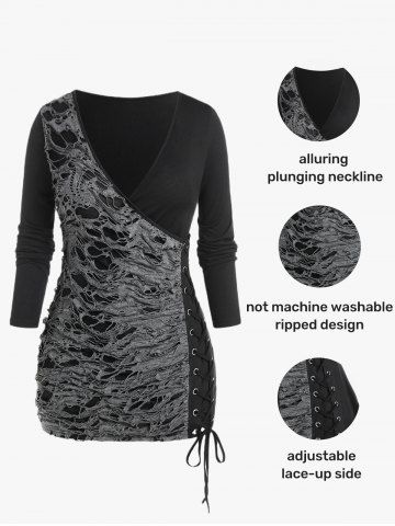Plus Size Ripped Lace Up Two Tone Surplice Tee