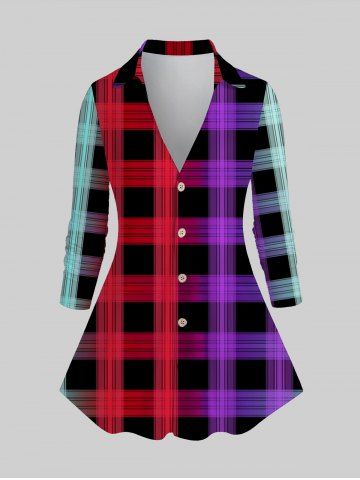 Plus Size Colorful Checked Button Up Shirt - RED - 1X | US 14-16