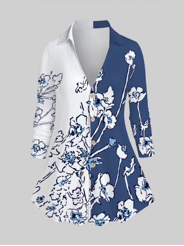 Plus Size Two Tone Floral Button Front Shirt - DEEP BLUE - 1X | US 14-16