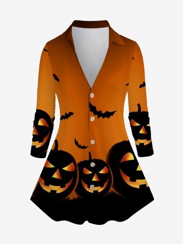Camisa de Manga Larga con Estampado de Murciélago de Halloween - DARK ORANGE - 2X | US 18-20