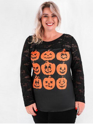 T-shirt D'Halloween à Imprimé Citrouille à Manches en Dentelle de Grande Taille - BLACK - L