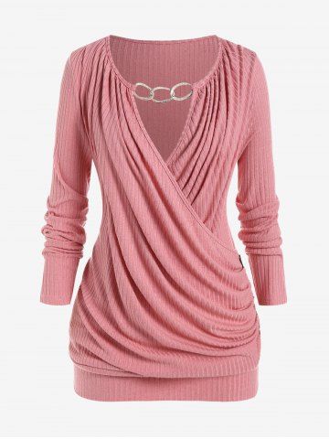Plus Size Keyhole Chains Draped Surplice T-shirt